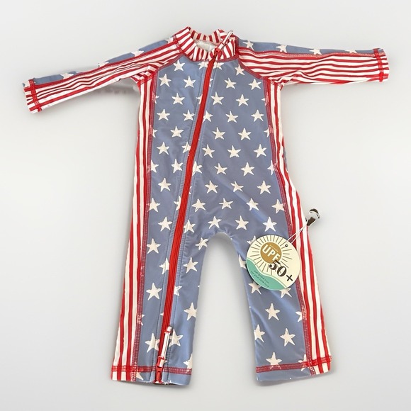 Caden Lane Long Sleeve Swim Suit Romper‎ Rash Guard 0-3 Month NWT Stars Red Blue - Picture 1 of 5